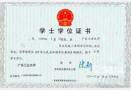 广东省广东工业大学自学考试学位证书样本(图1)