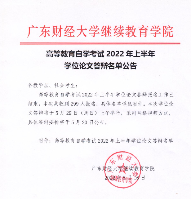 广东财经大学高等教育自学考试2022年上半年学位论文答辩名单公告