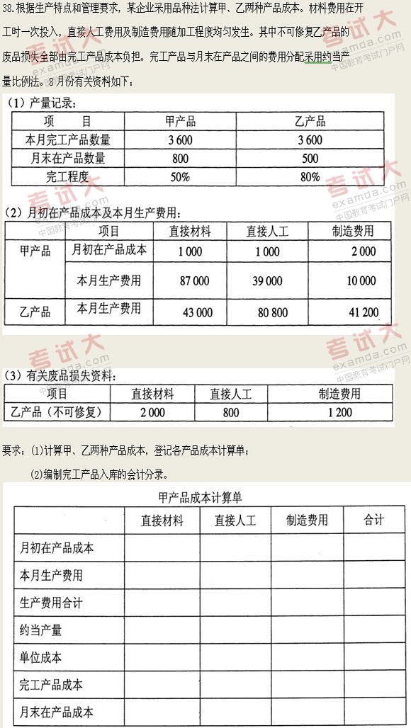 全国2011年1月高等教育自学考试成本会计试题(图1)